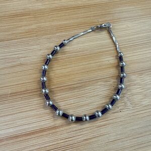 DAINTY SMALL BRACELET SILVER AND DARK PURPLE BEADED UNBRANDED